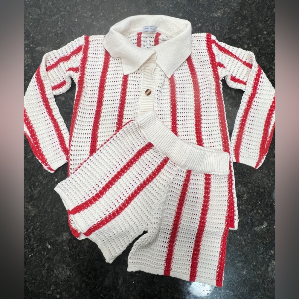 Stripped Knitted Crotchet Cardigan Short Set. Size Small.
